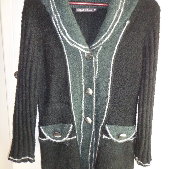 High Secret Boho Boucle Cardigan M Black/Charcoal Buttons Trim Faux Pockets - Picture 1 of 16